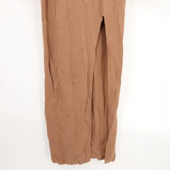 House of CB London Maxi Dress Tan Nude Ribbed Long Sleeve Slit Scoop Neck Large - Picture 4 of 11